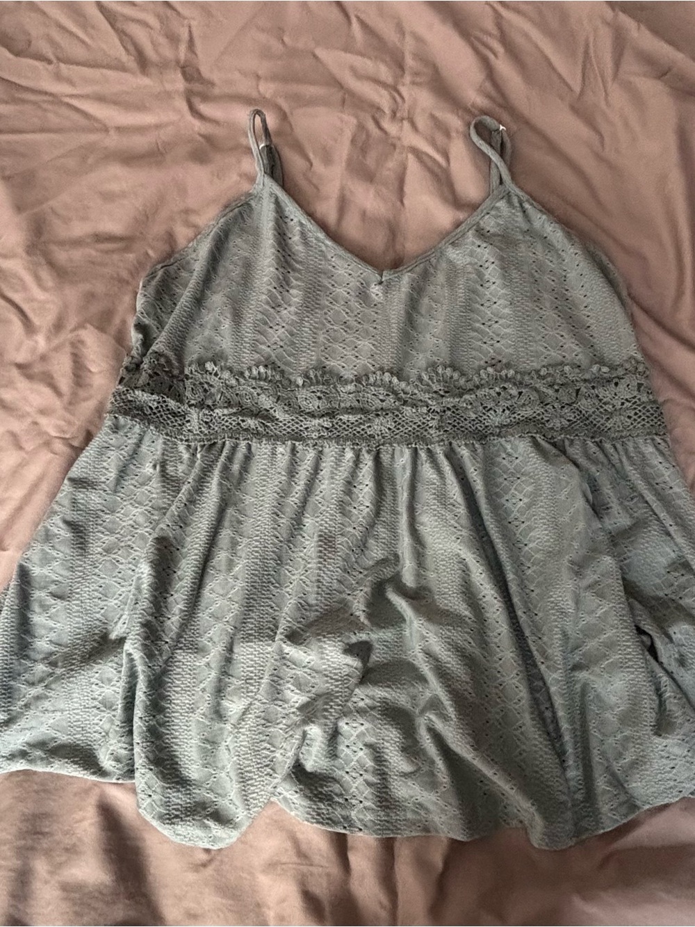 Lace Trim V-Neck Spaghetti Strap Babydoll Women's Top — Light green